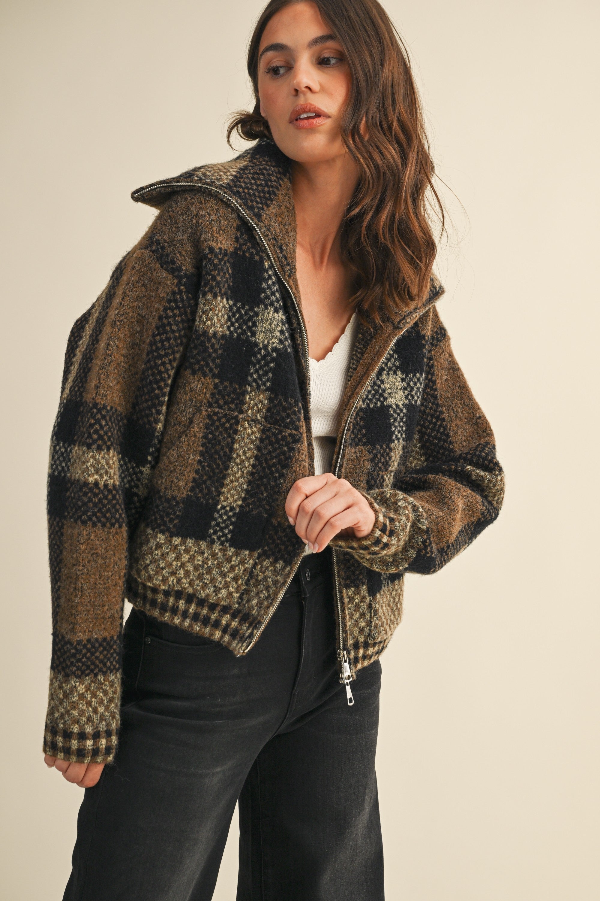 Sawyer Plaid Fuzzy Sweater Cropped Jacket