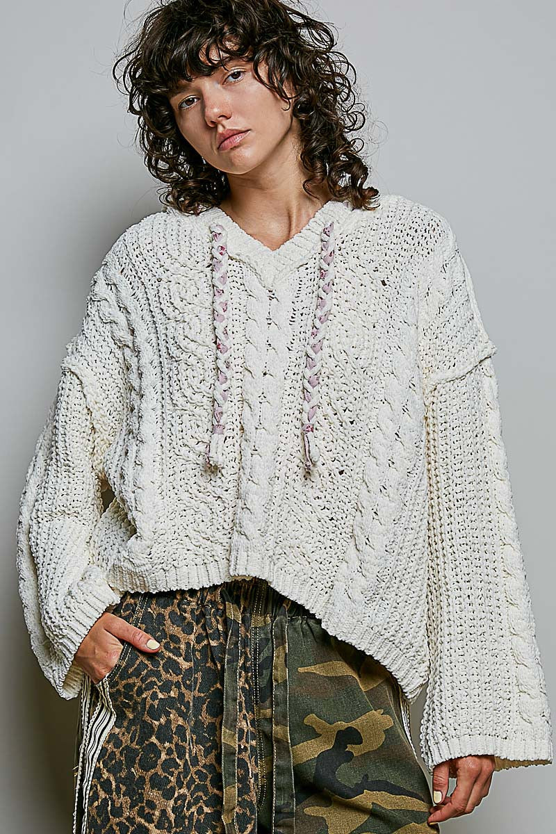 Soft Spot V-Neck Hooded Chenille Sweater