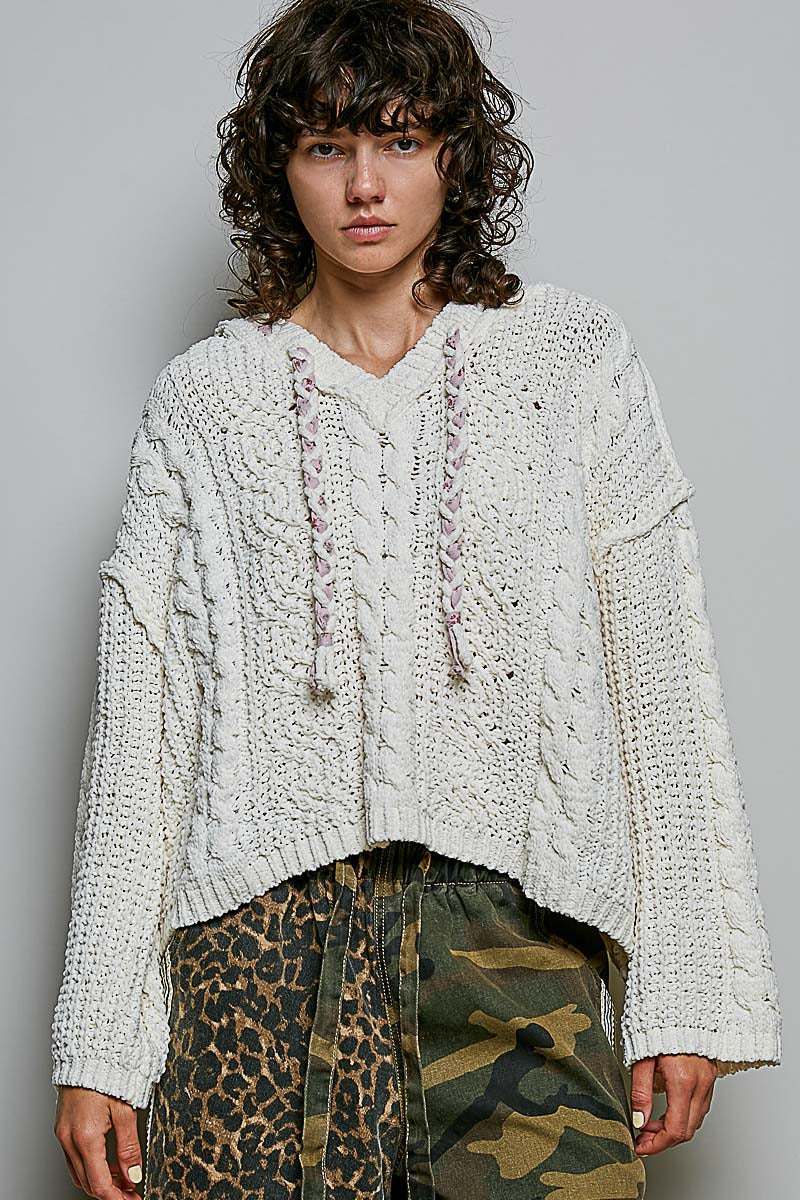 Soft Spot V-Neck Hooded Chenille Sweater