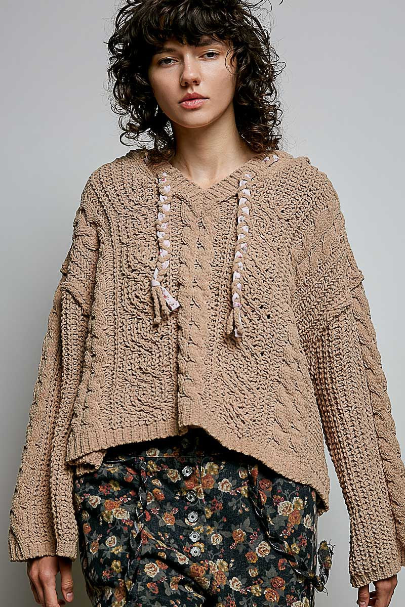 Soft Spot V-Neck Hooded Chenille Sweater