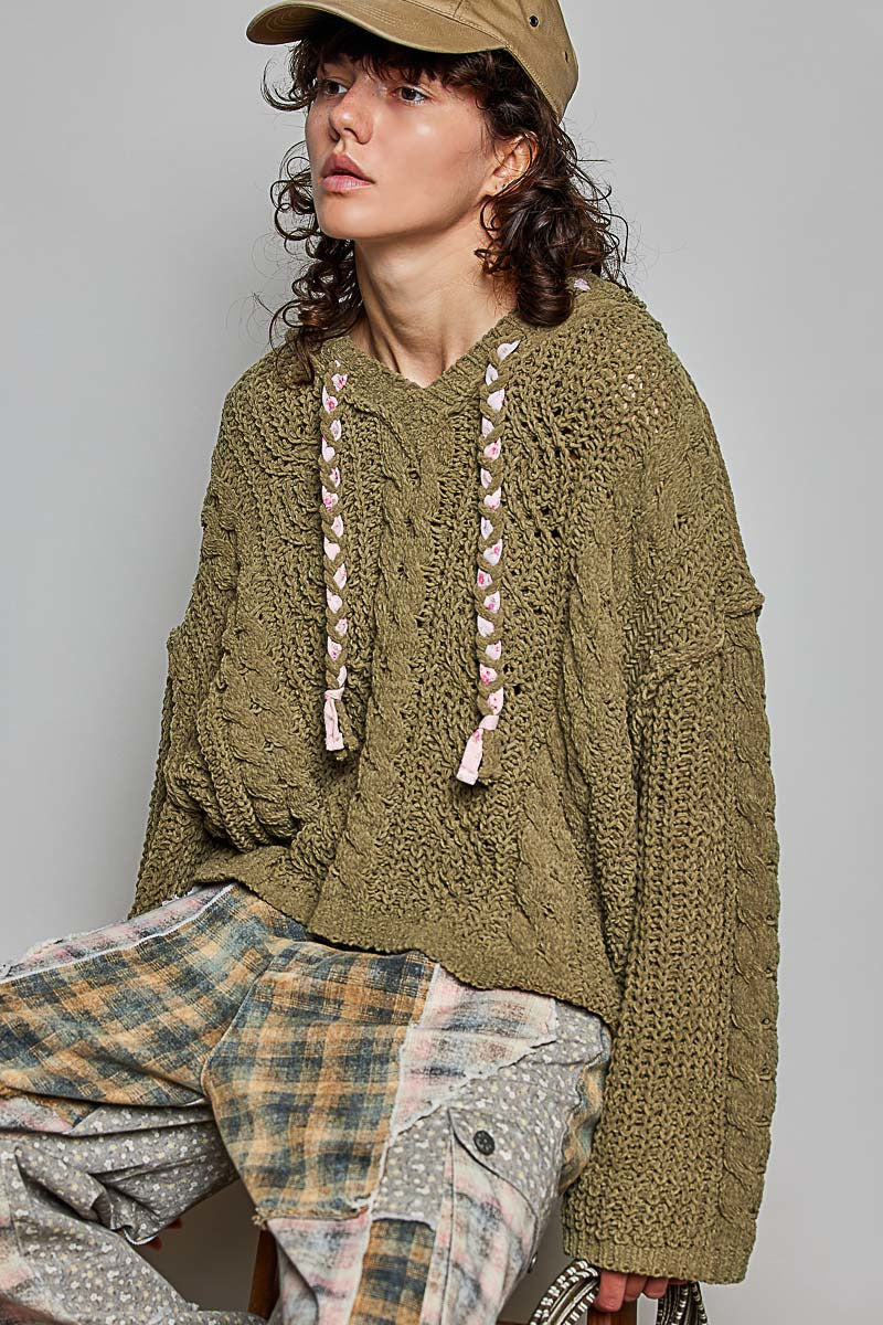Soft Spot V-Neck Hooded Chenille Sweater
