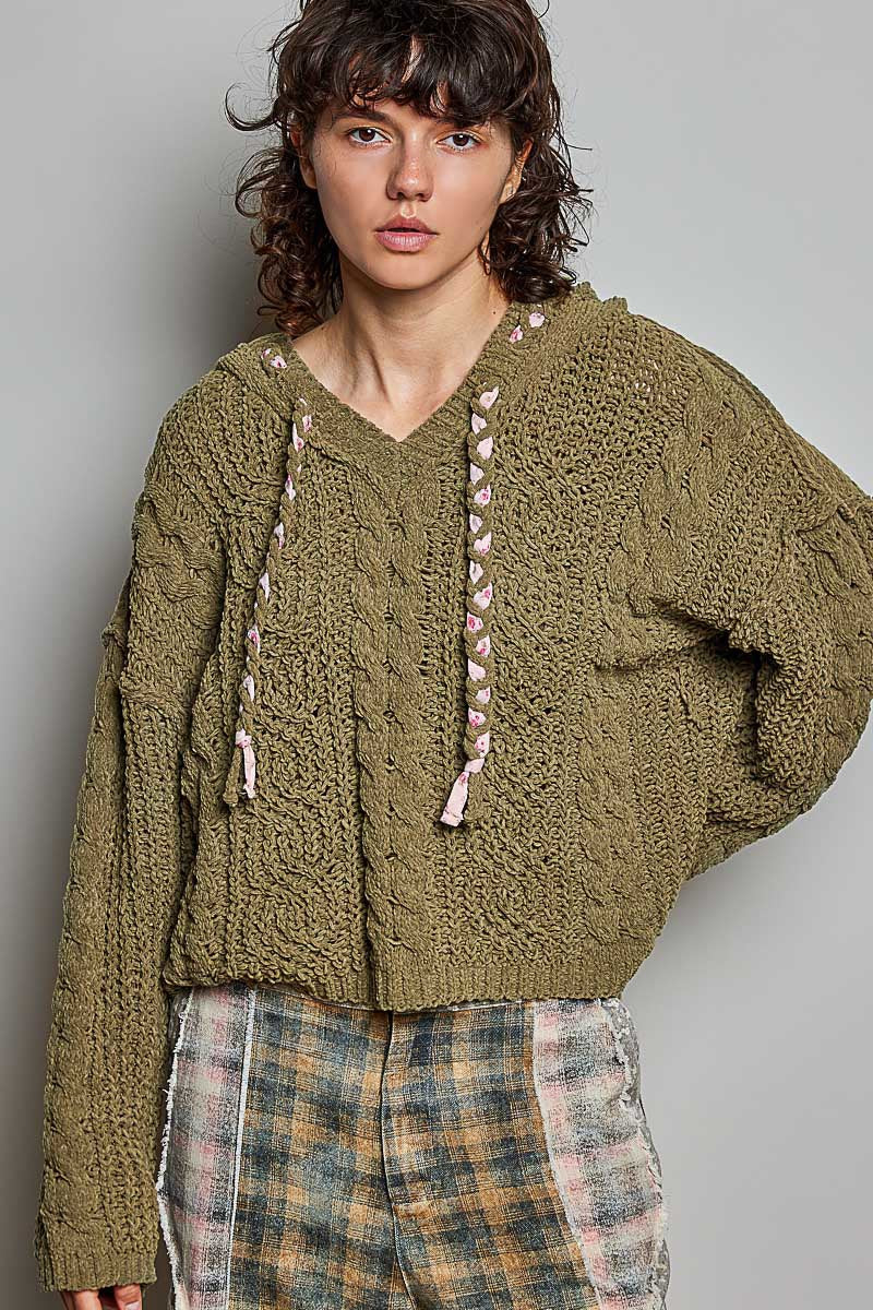 Soft Spot V-Neck Hooded Chenille Sweater