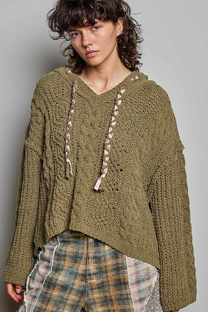 Soft Spot V-Neck Hooded Chenille Sweater