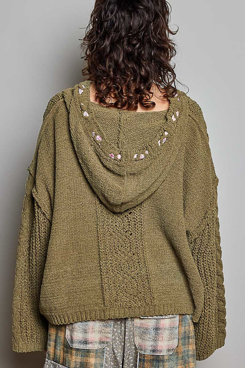 Soft Spot V-Neck Hooded Chenille Sweater