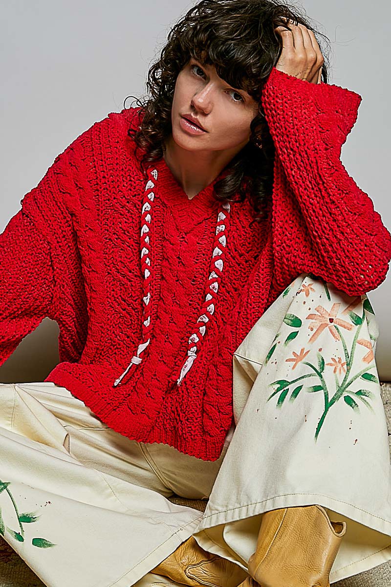Soft Spot V-Neck Hooded Chenille Sweater
