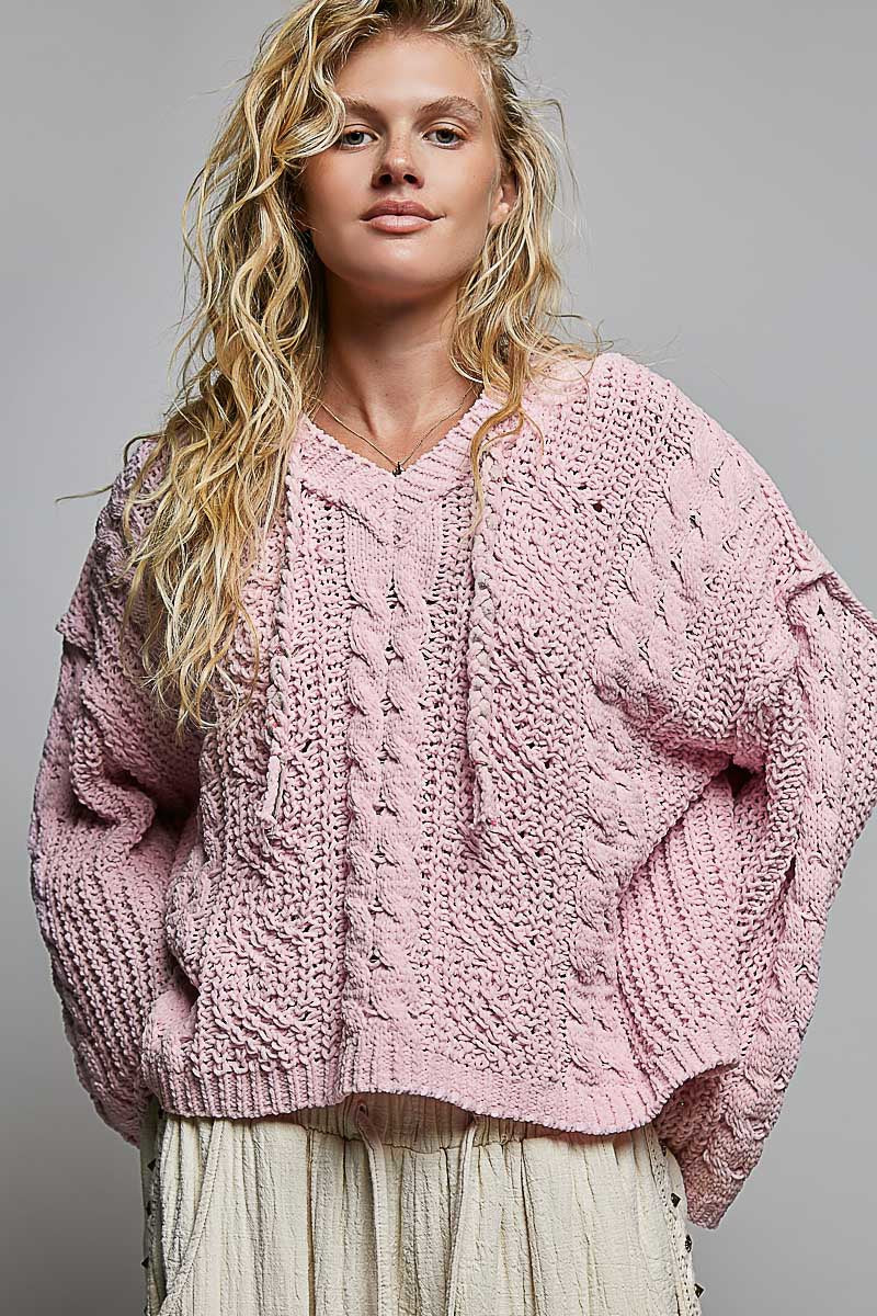 Soft Spot V-Neck Hooded Chenille Sweater