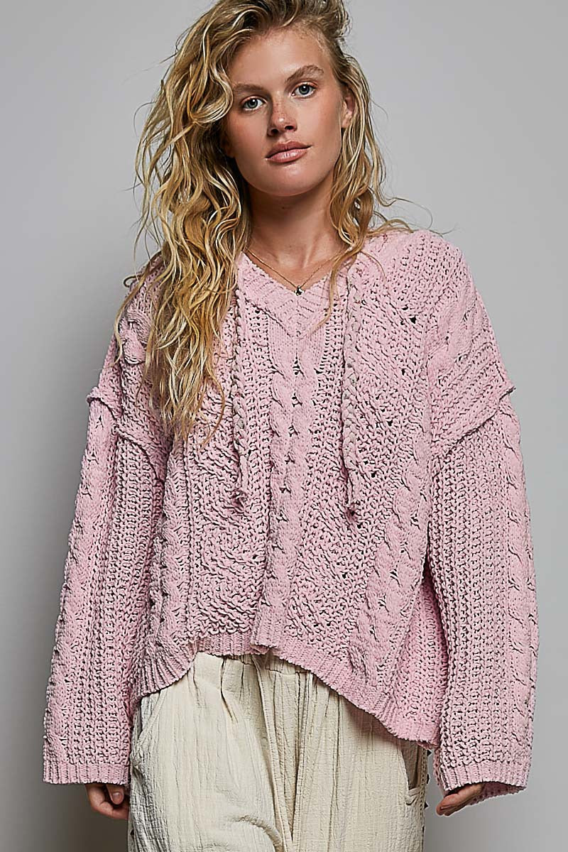 Soft Spot V-Neck Hooded Chenille Sweater