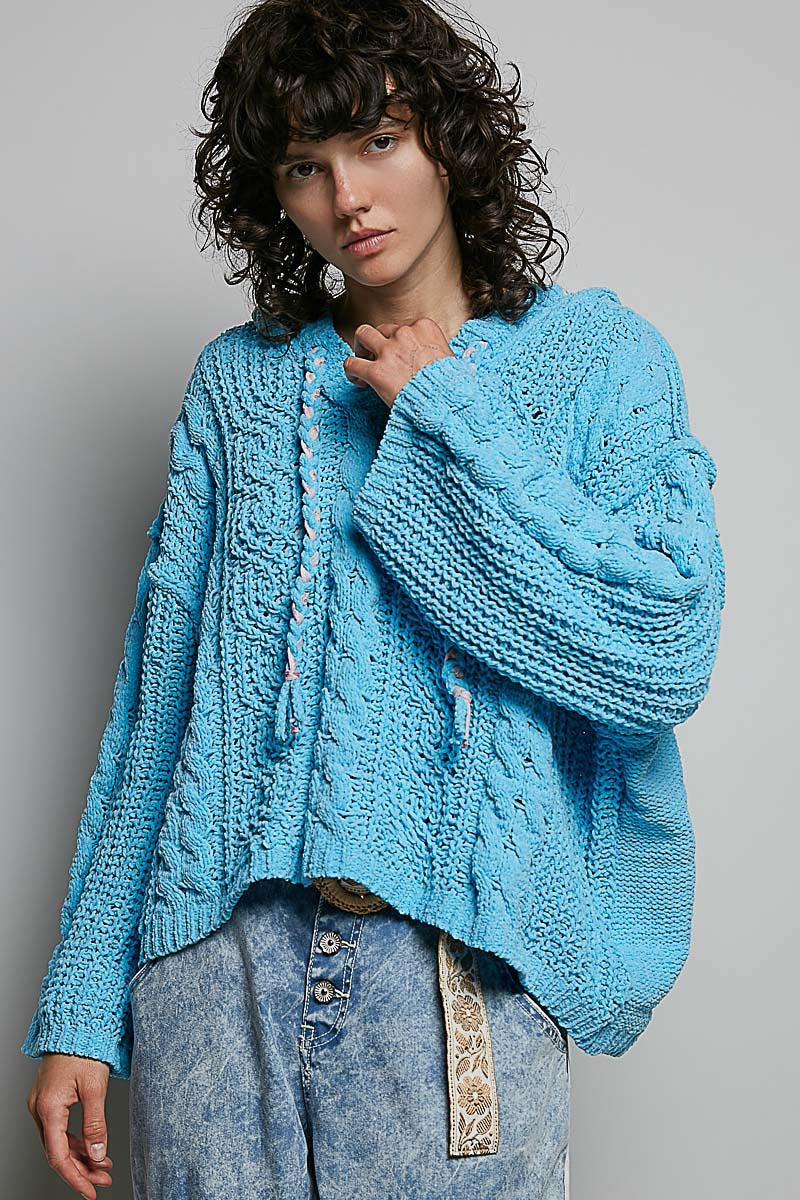 Soft Spot V-Neck Hooded Chenille Sweater