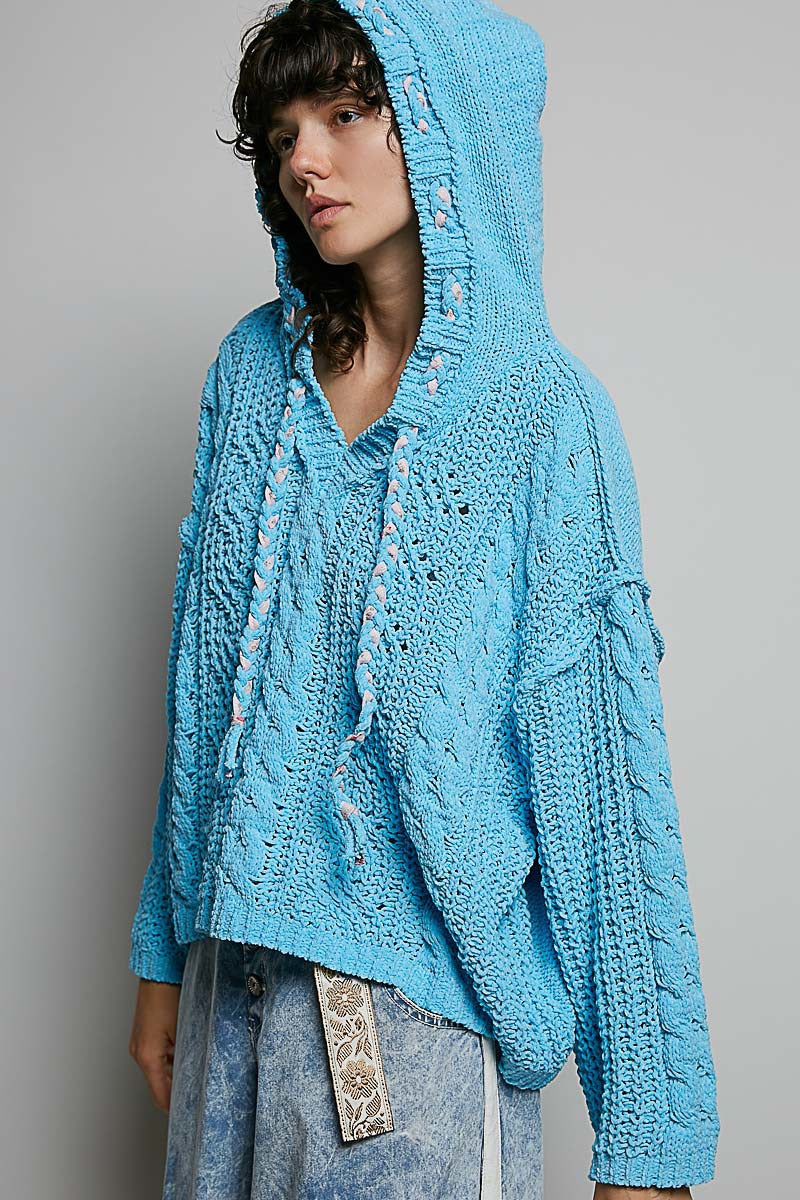 Soft Spot V-Neck Hooded Chenille Sweater