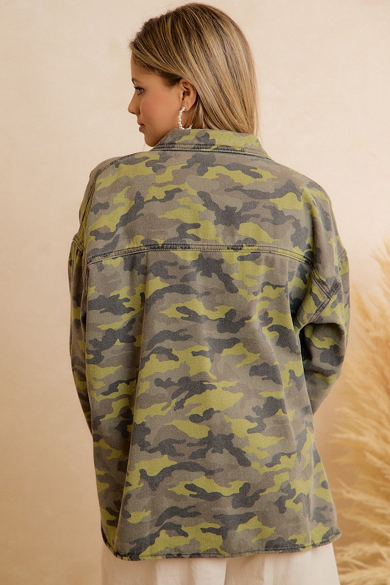Stevie Washed Camo Shacket With Lace Trim