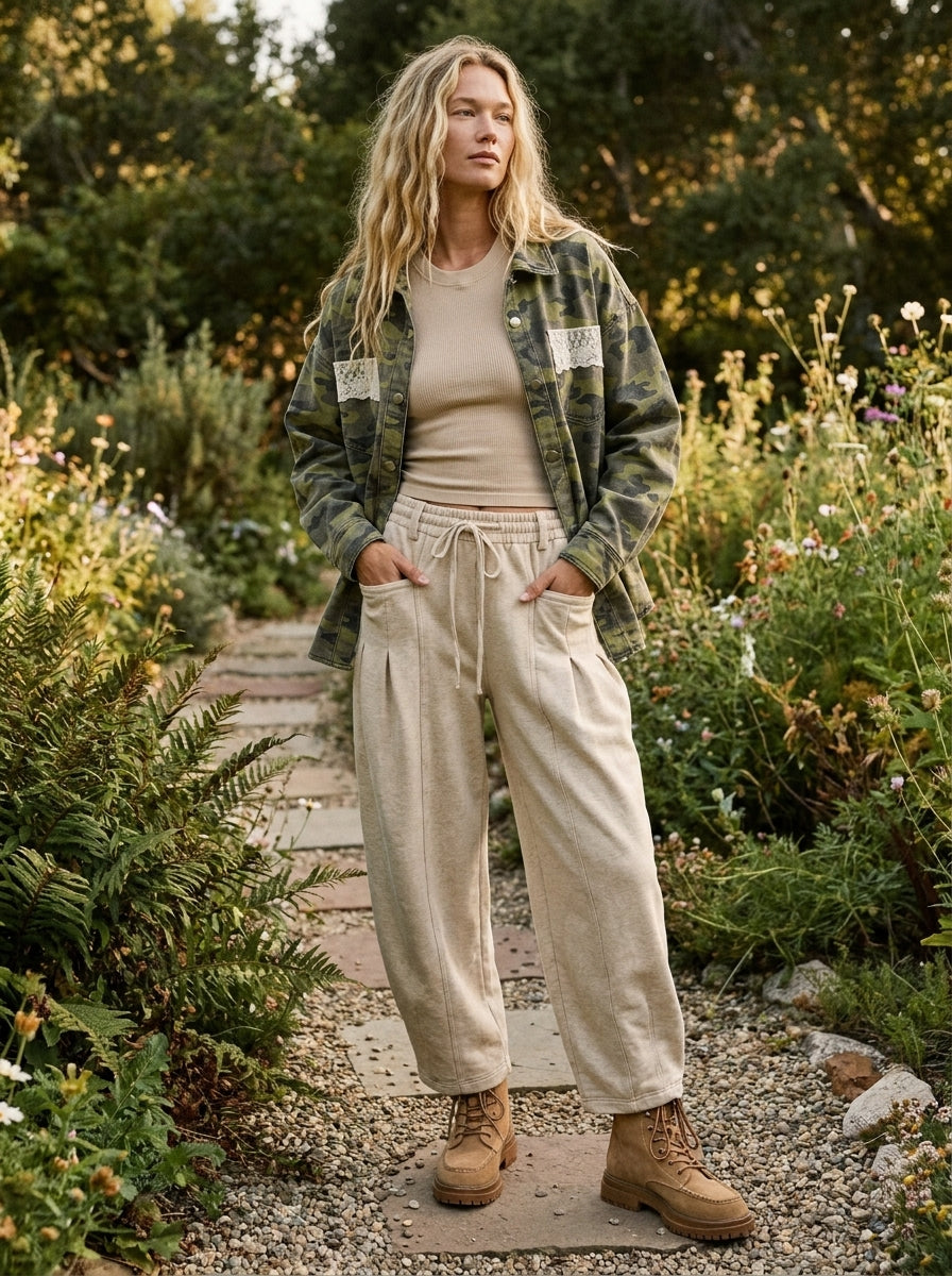 Stevie Washed Camo Shacket With Lace Trim