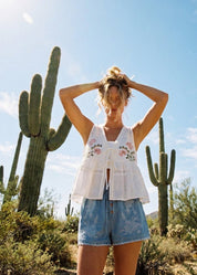 Forget-Me-Not Embroidered Tie-Front Peplum Vest