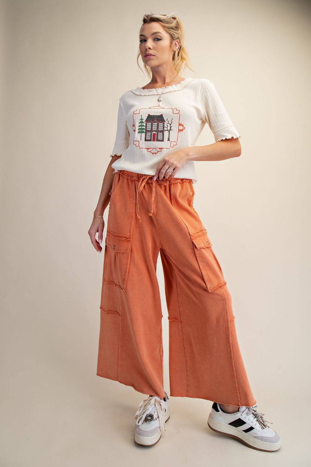 The Essential Mineral Washed Wide Leg Terry Cargo Pants