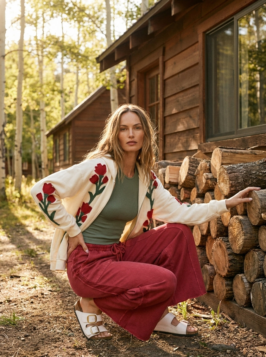 Wild Rose Floral Embroidered Zip-Up Hoodie