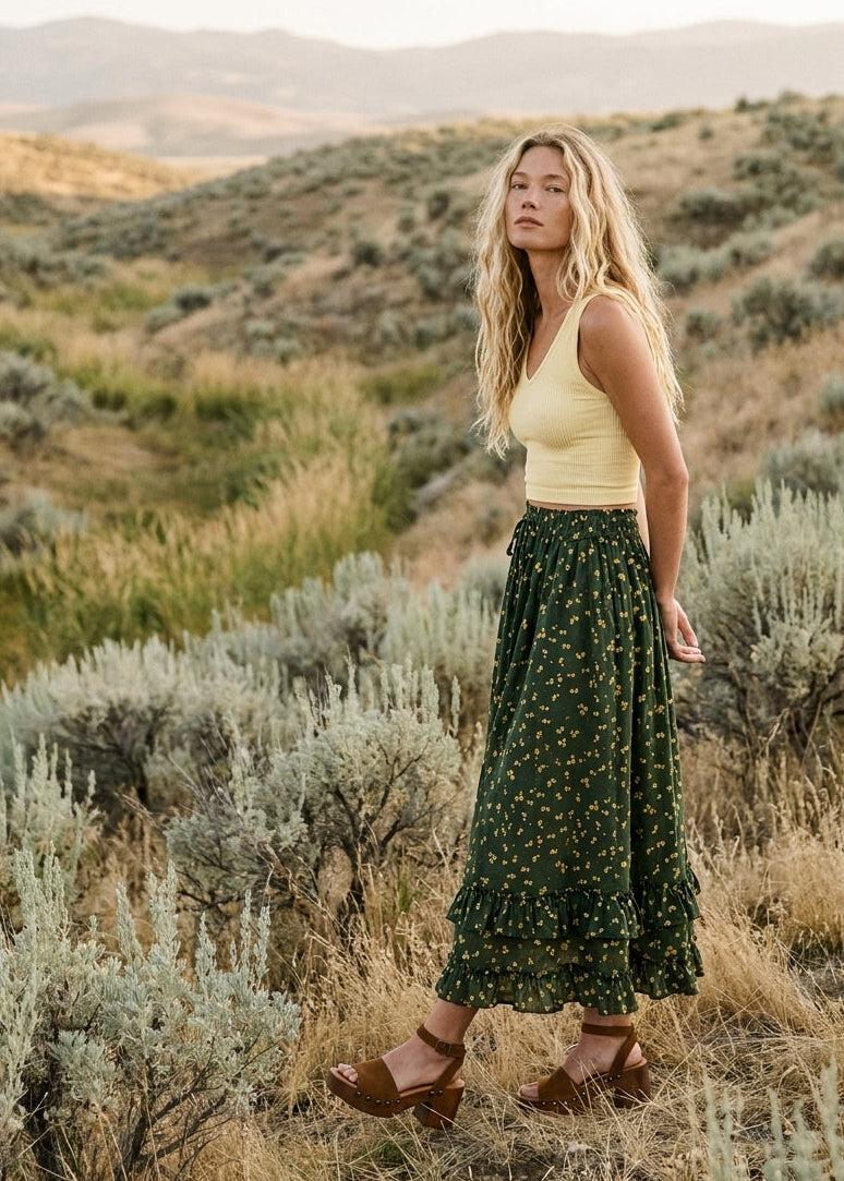 Wildflower Trails Ruffled Tiered Midi Skirt