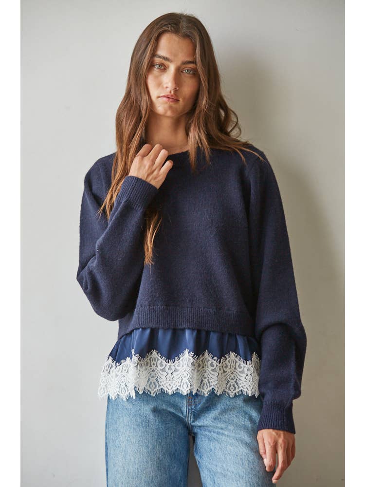 After Hours Twofer Satin Lace Knit Sweater - Westly