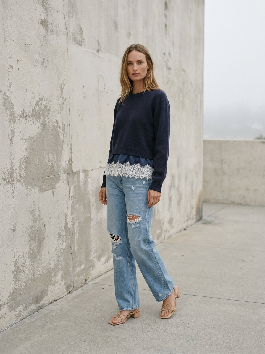 After Hours Twofer Satin Lace Knit Sweater - Westly