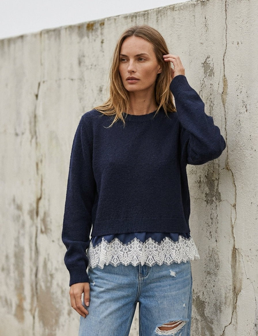 After Hours Twofer Satin Lace Knit Sweater - Westly