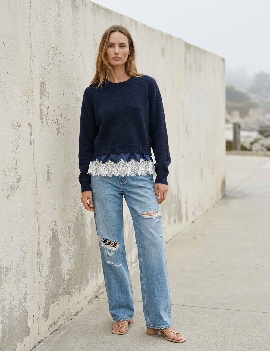After Hours Twofer Satin Lace Knit Sweater - Westly