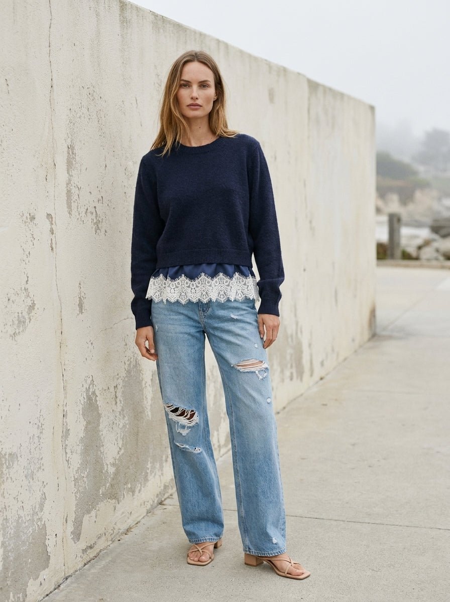After Hours Twofer Satin Lace Knit Sweater - Westly