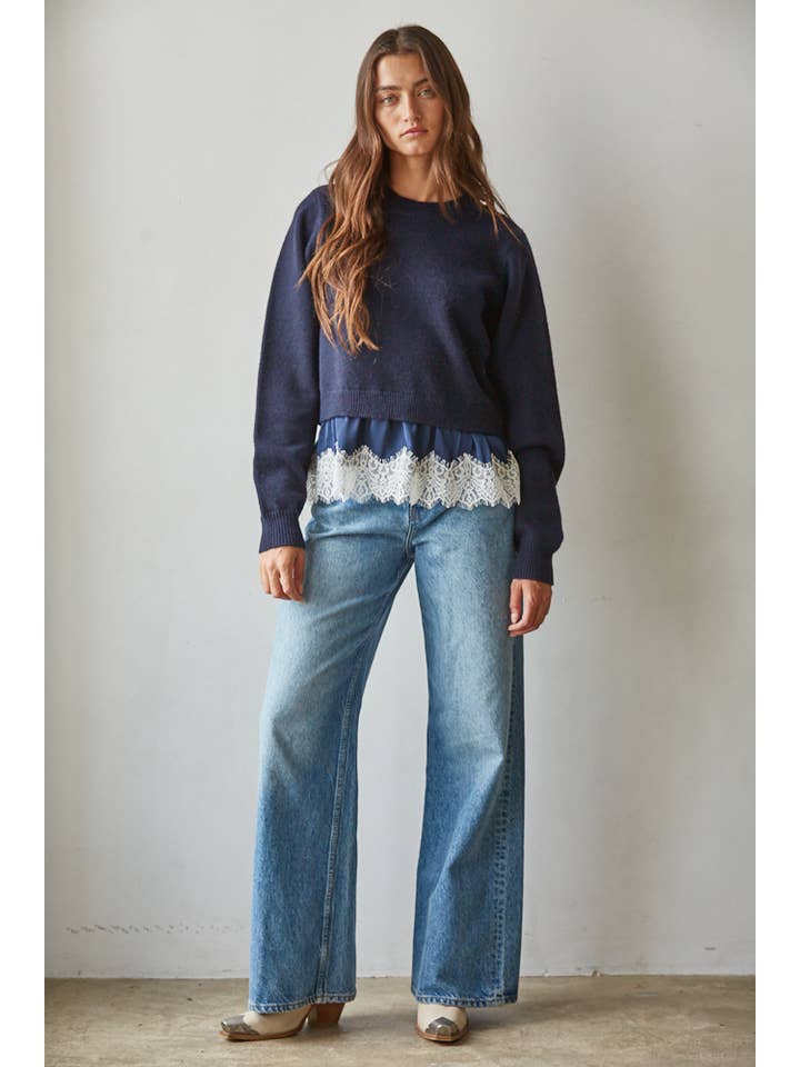 After Hours Twofer Satin Lace Knit Sweater - Westly