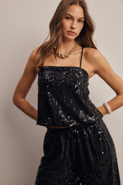 Afterglow Sequin Bubble Hem Cami in Black, photo 1