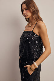 Afterglow Sequin Bubble Hem Cami in Black, photo 6