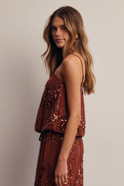 Afterglow Sequin Bubble Hem Cami in Brick, photo 14