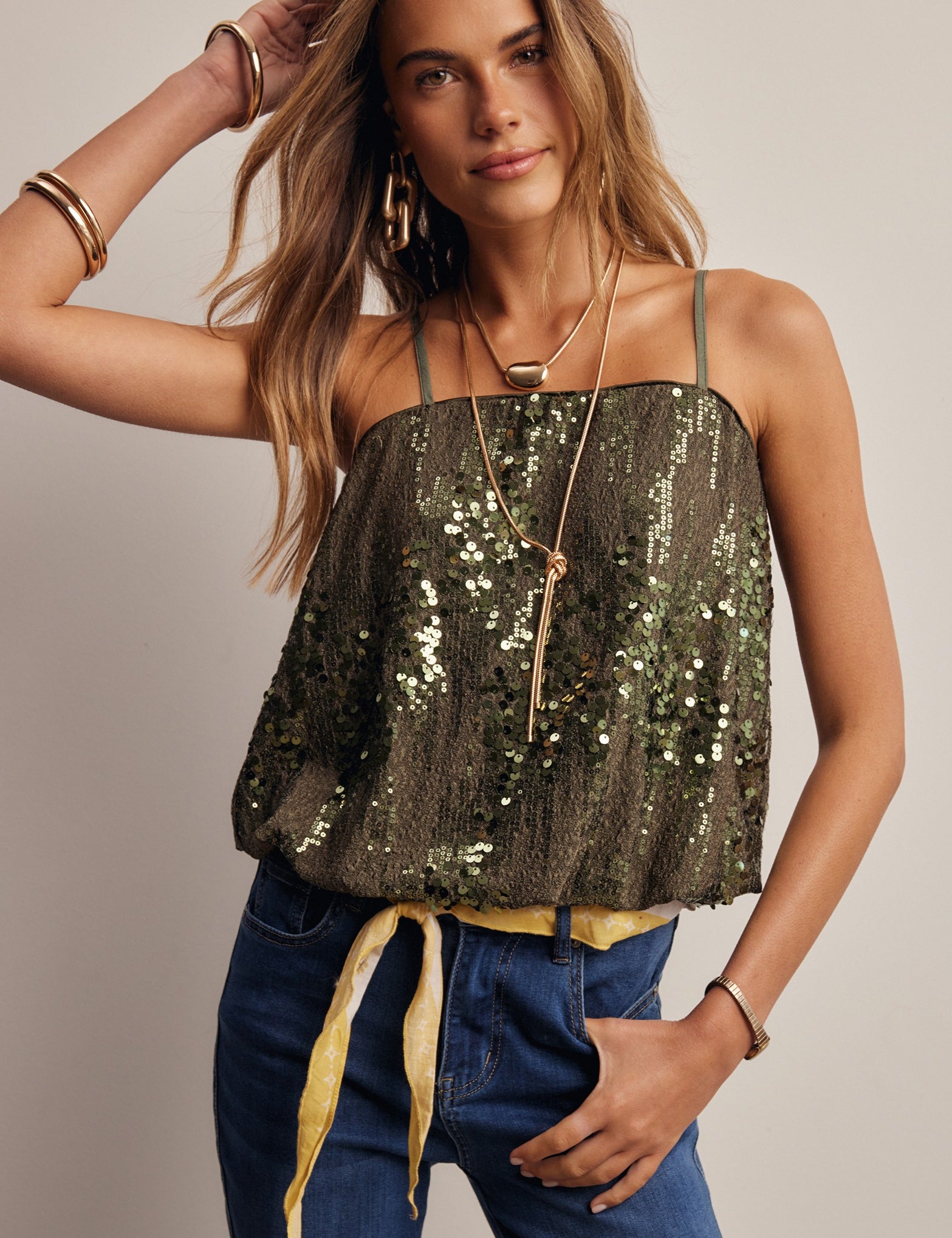 Afterglow Sequin Bubble Hem Cami in Olive, photo 1