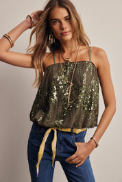 Afterglow Sequin Bubble Hem Cami in Olive, photo 1