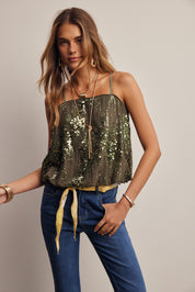 Afterglow Sequin Bubble Hem Cami in Olive, photo 4