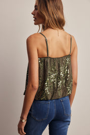 Afterglow Sequin Bubble Hem Cami in Olive, photo 8