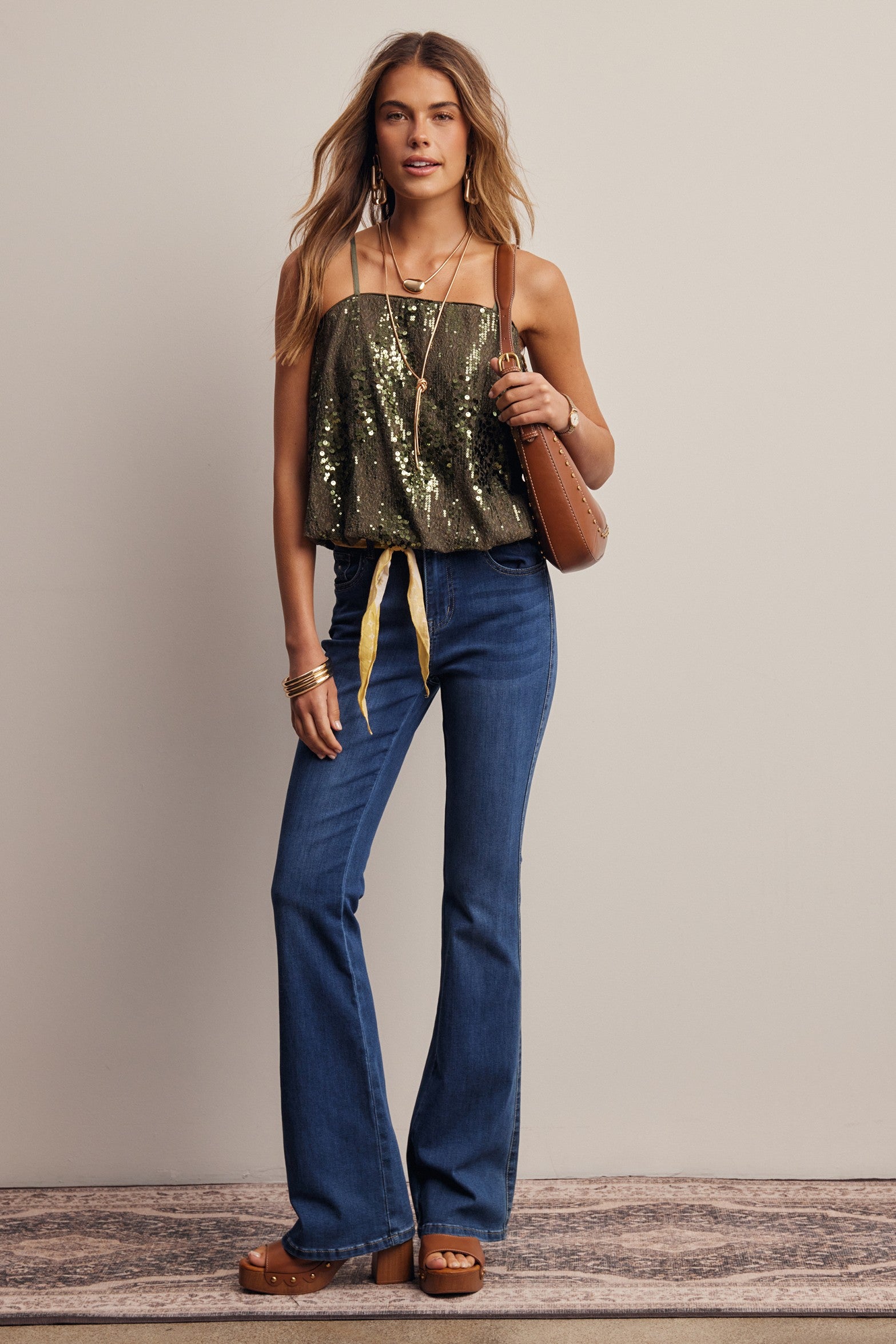 Afterglow Sequin Bubble Hem Cami in Olive, photo 9
