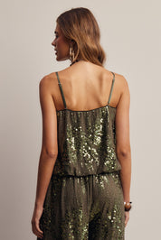 Afterglow Sequin Bubble Hem Cami in Olive, photo 15