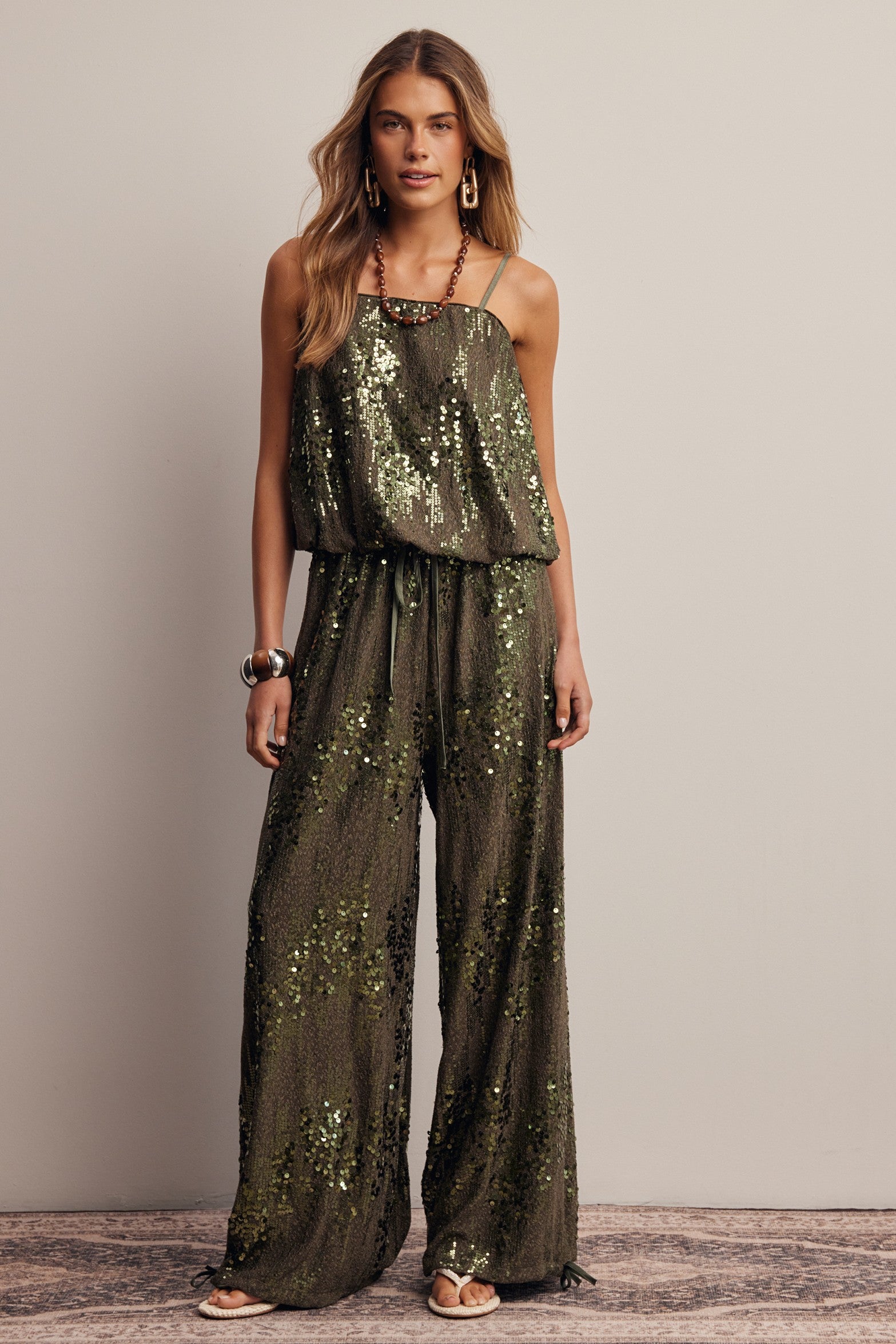 Afterglow Sequin Bubble Hem Cami in Olive, photo 16