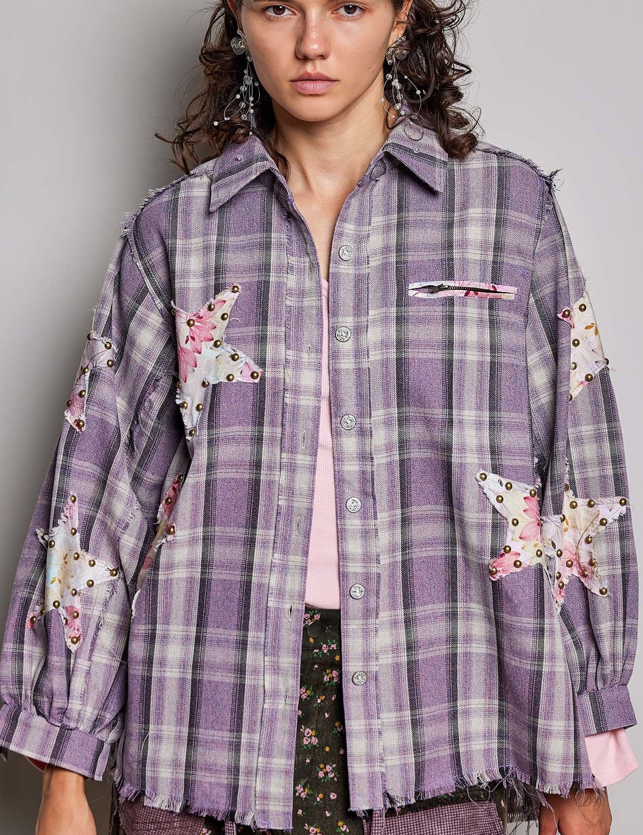 All Star Balloon Sleeve Button-Down Patchwork Shirt - Westly