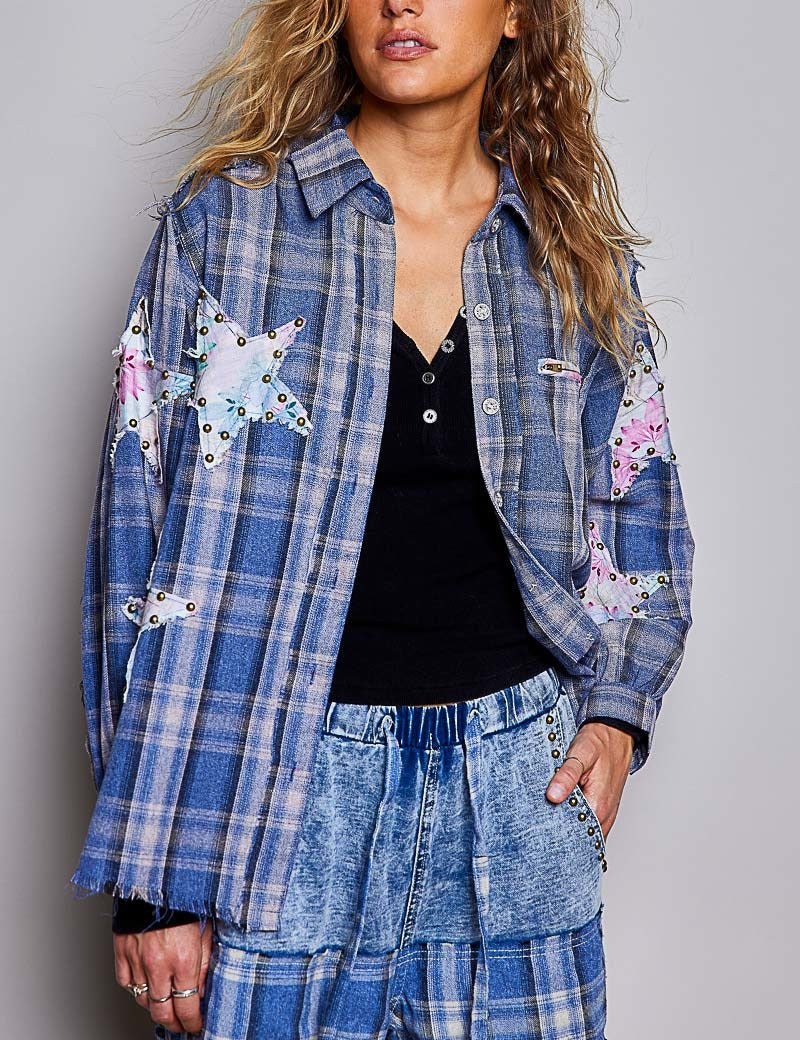 All Star Balloon Sleeve Button-Down Patchwork Shirt - Westly