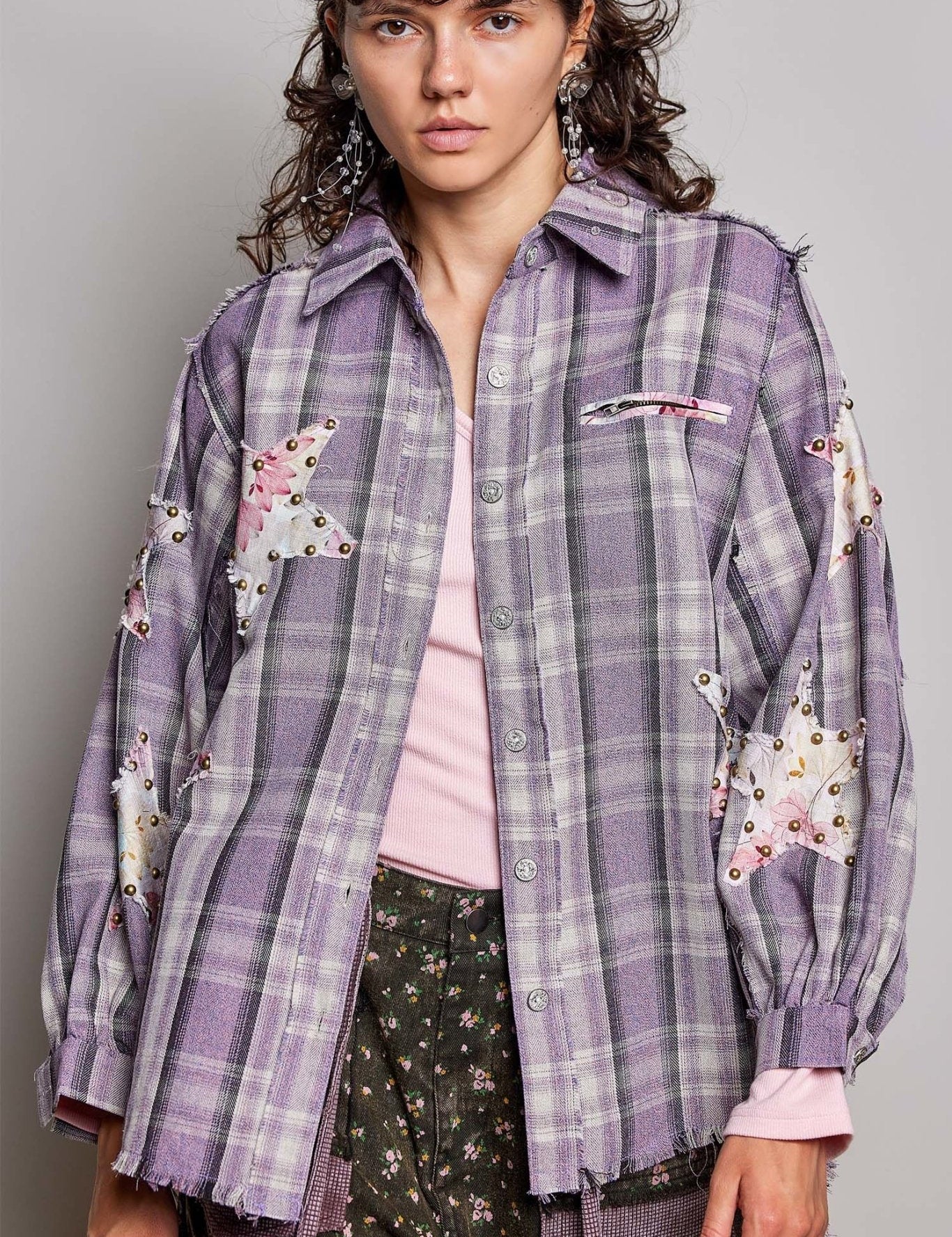 All Star Balloon Sleeve Button-Down Patchwork Shirt - Westly