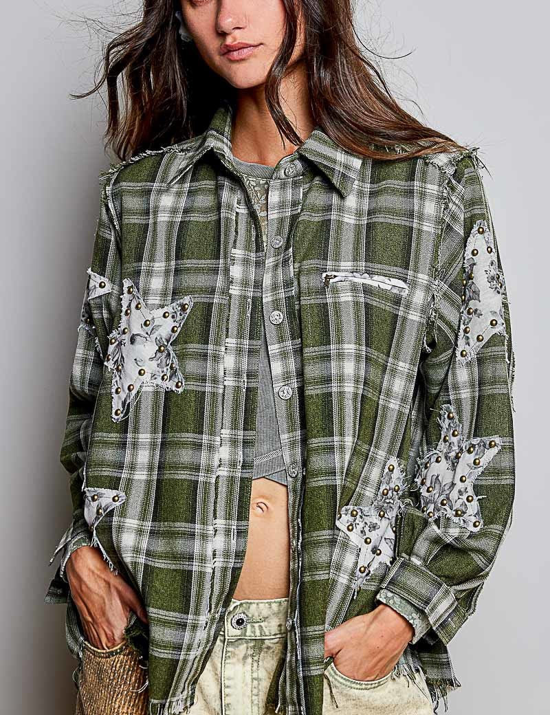All Star Balloon Sleeve Button-Down Patchwork Shirt - Westly
