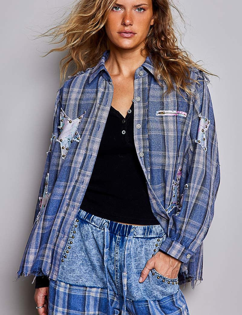 All Star Balloon Sleeve Button-Down Patchwork Shirt - Westly