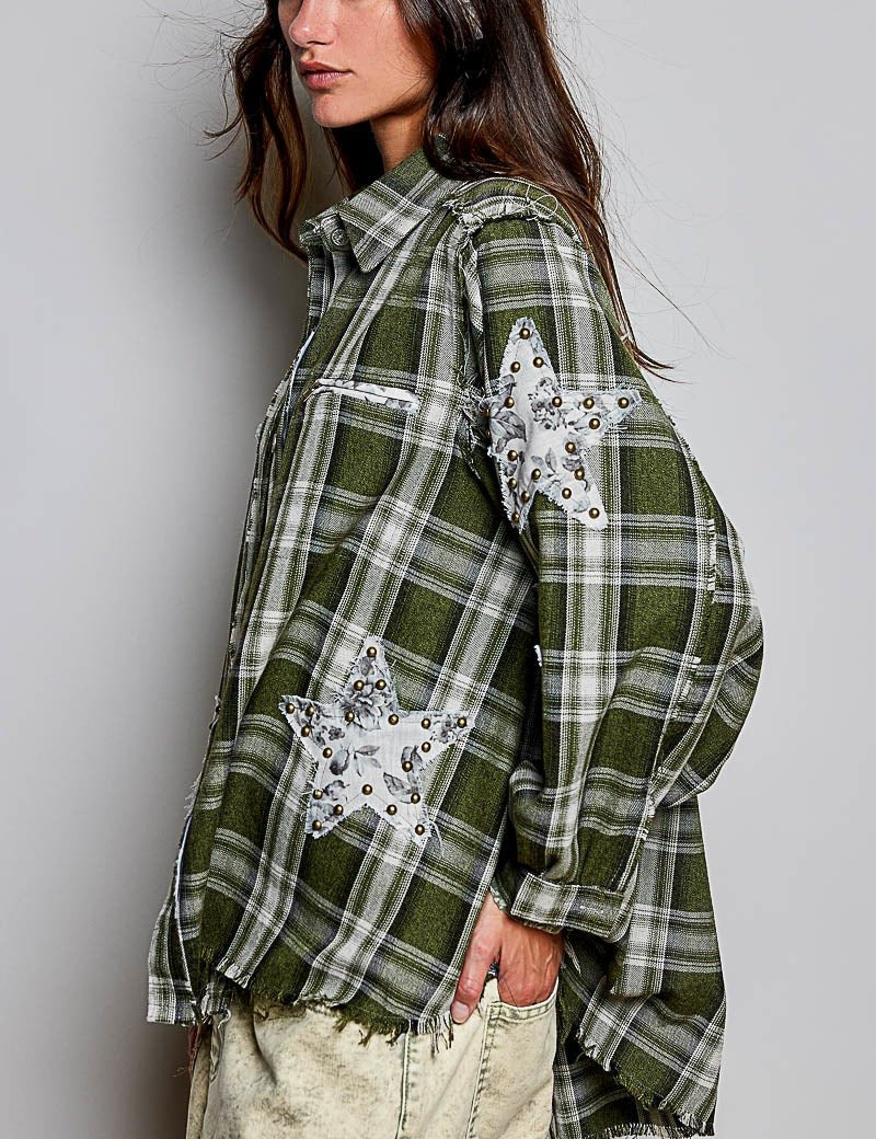 All Star Balloon Sleeve Button-Down Patchwork Shirt - Westly