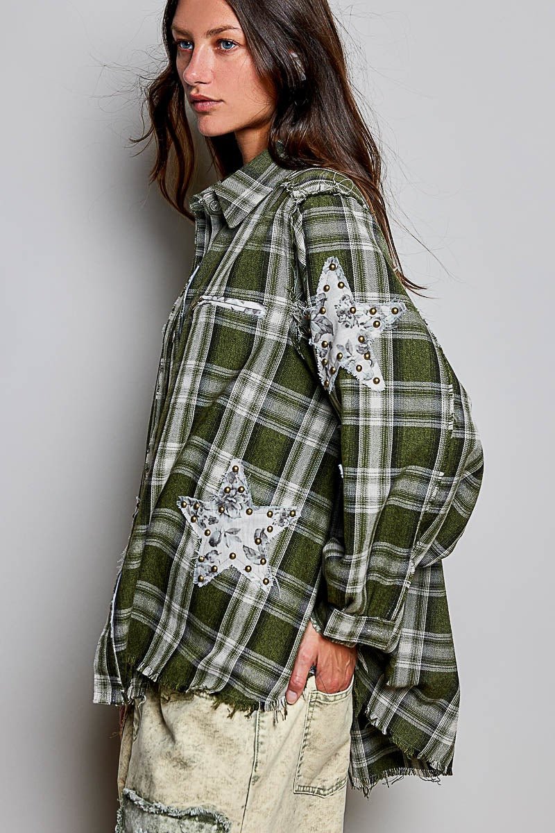 All Star Balloon Sleeve Button-Down Patchwork Shirt - Westly