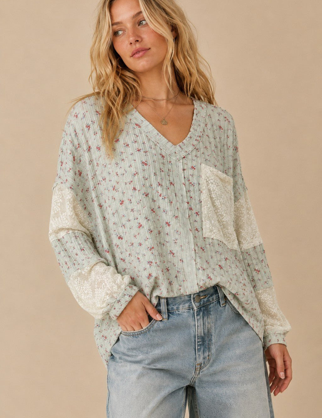 Almanac Floral Waffle Knit Lace Trim Top - Westly