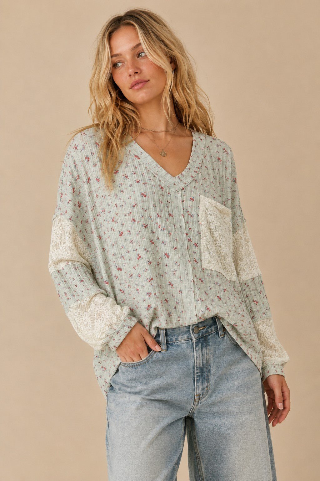 Almanac Floral Waffle Knit Lace Trim Top - Westly