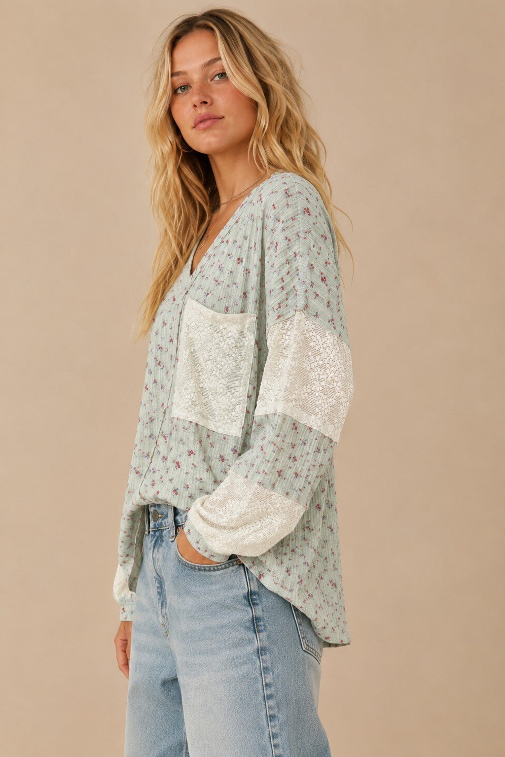 Almanac Floral Waffle Knit Lace Trim Top - Westly