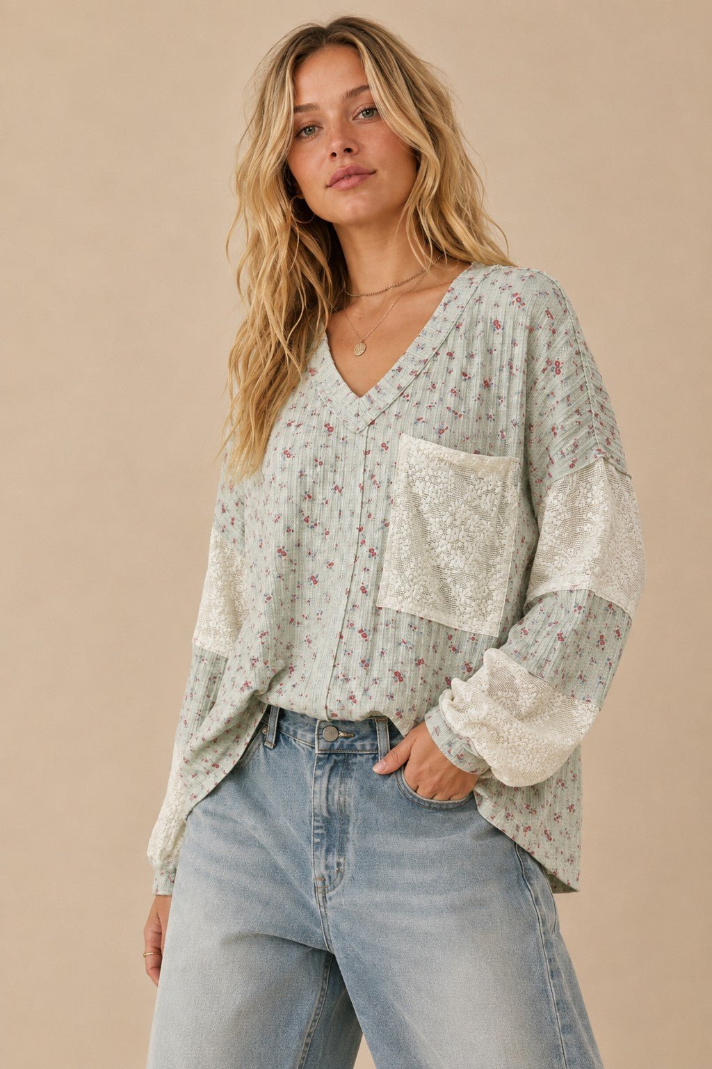 Almanac Floral Waffle Knit Lace Trim Top - Westly