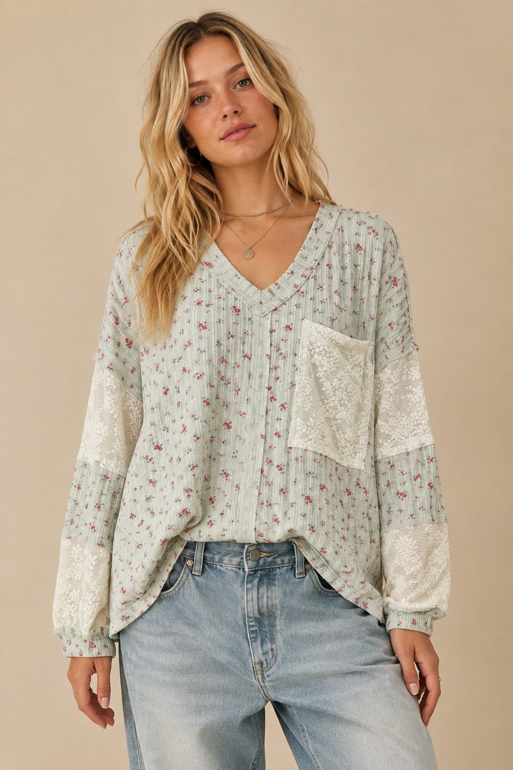 Almanac Floral Waffle Knit Lace Trim Top - Westly