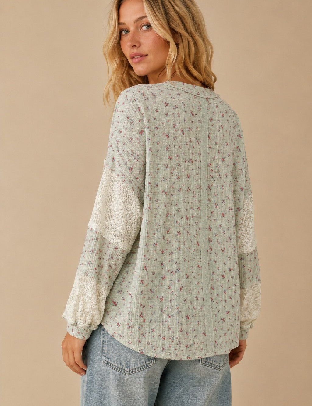 Almanac Floral Waffle Knit Lace Trim Top - Westly