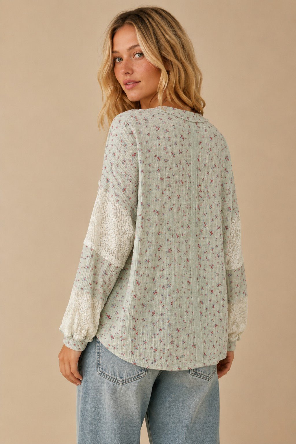 Almanac Floral Waffle Knit Lace Trim Top - Westly