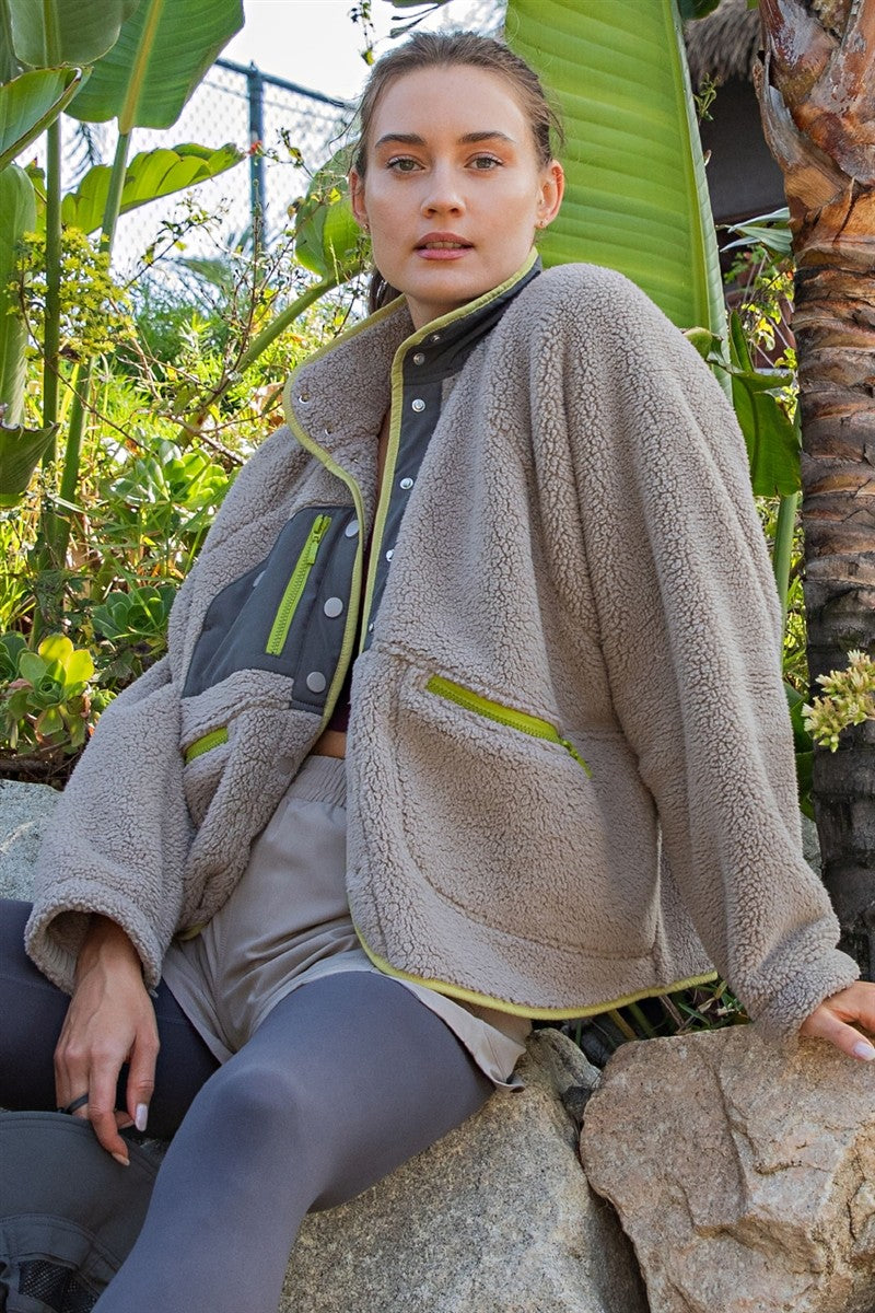 Alpine Club Contrast Trim Sherpa Jacket in Stone Taupe, photo 1